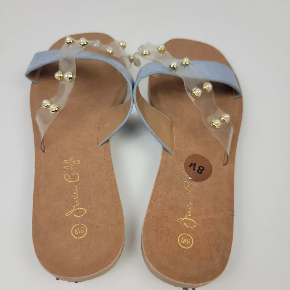 Jessica Carlyle Womens 8W Blue Faux Croc Pearl Clear Strap Slide Sandals